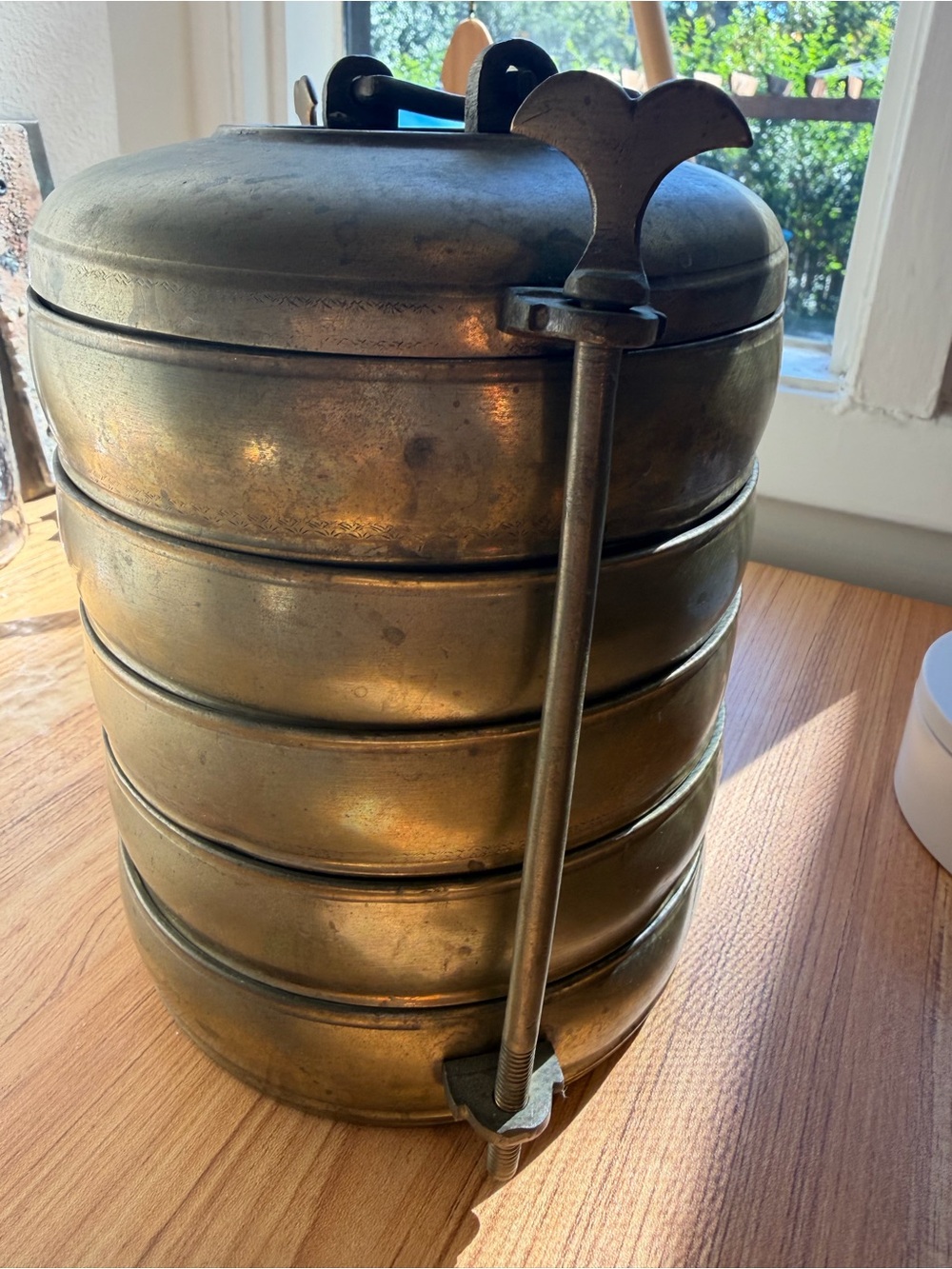 Vintage Indian Brass Tiffin Box 5 Tier Lunch Carrier 8.5” India